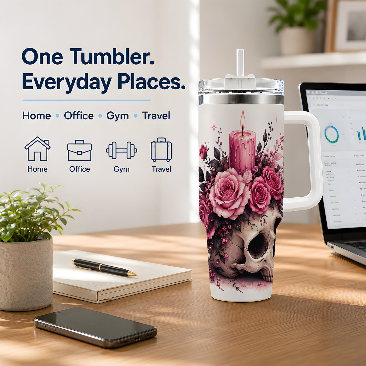#pl[40oz|White] Floral Skull Halloween 40oz Tumbler, Stainless Steel Drinkware with Roses