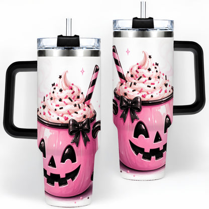#pl[40oz|Black] Pink Pumpkin Halloween 40oz Tumbler, Stainless Steel Drinkware with Bow