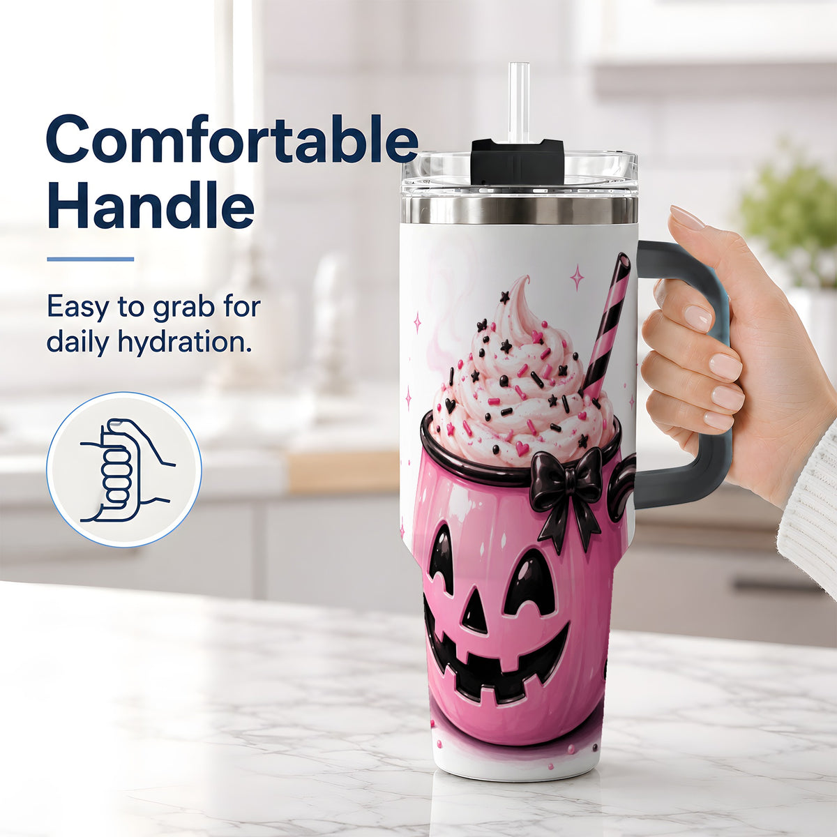 #pl[40oz|Black] Pink Pumpkin Halloween 40oz Tumbler, Stainless Steel Drinkware with Bow