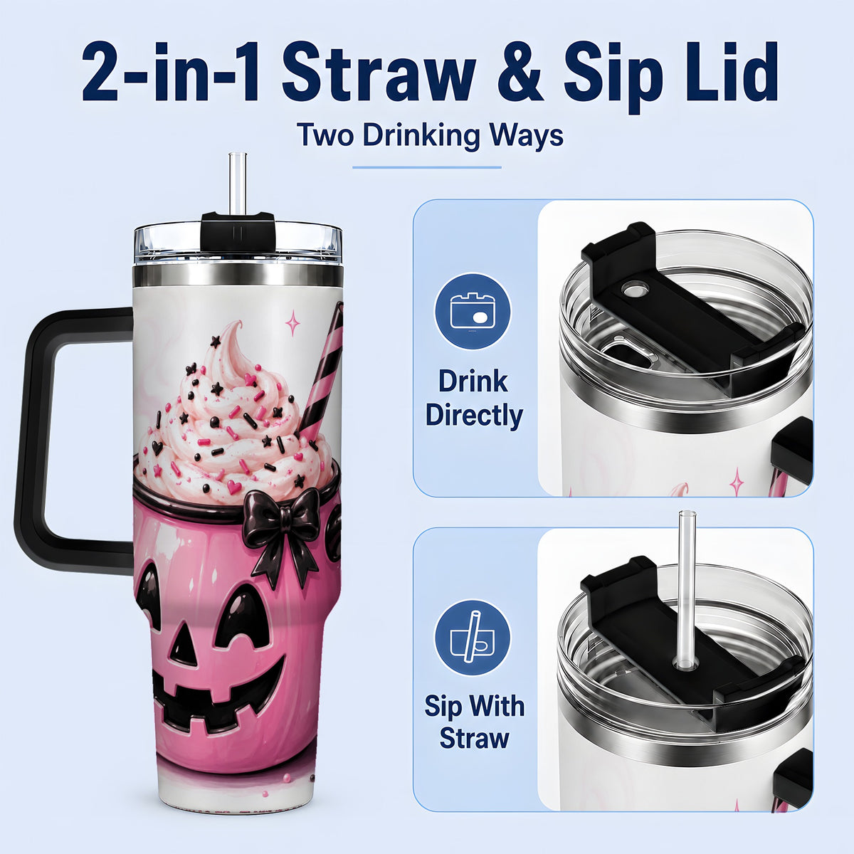 #pl[40oz|Black] Pink Pumpkin Halloween 40oz Tumbler, Stainless Steel Drinkware with Bow