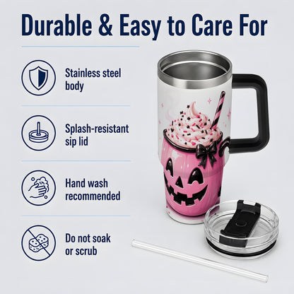 #pl[40oz|Black] Pink Pumpkin Halloween 40oz Tumbler, Stainless Steel Drinkware with Bow