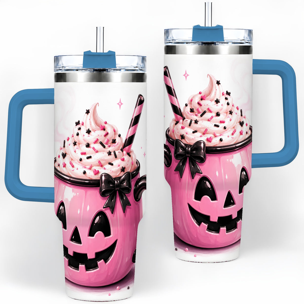 #pl[40oz|Blue] Pink Pumpkin Halloween 40oz Tumbler, Stainless Steel Drinkware with Bow