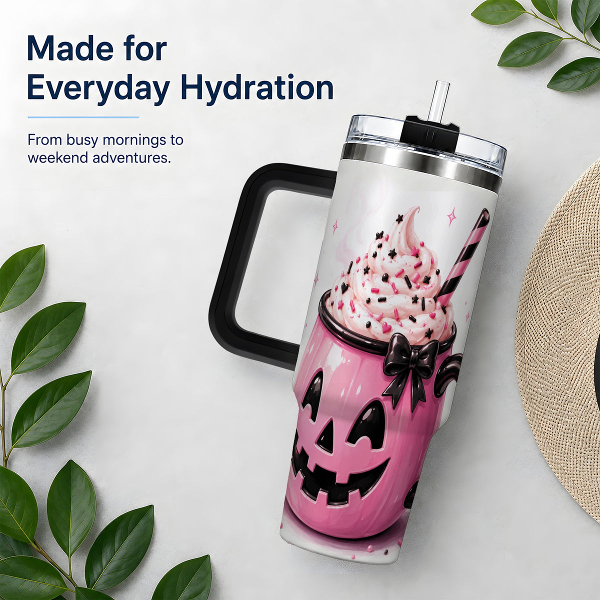 #pl[40oz|Black] Pink Pumpkin Halloween 40oz Tumbler, Stainless Steel Drinkware with Bow