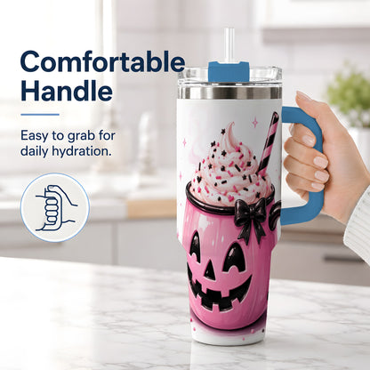#pl[40oz|Blue] Pink Pumpkin Halloween 40oz Tumbler, Stainless Steel Drinkware with Bow