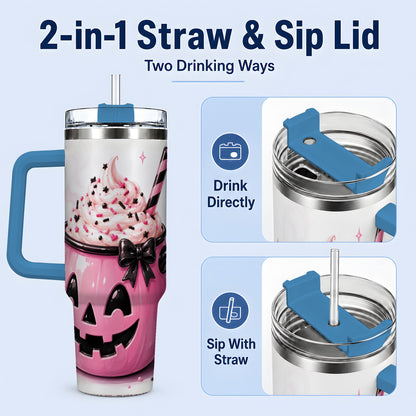 #pl[40oz|Blue] Pink Pumpkin Halloween 40oz Tumbler, Stainless Steel Drinkware with Bow