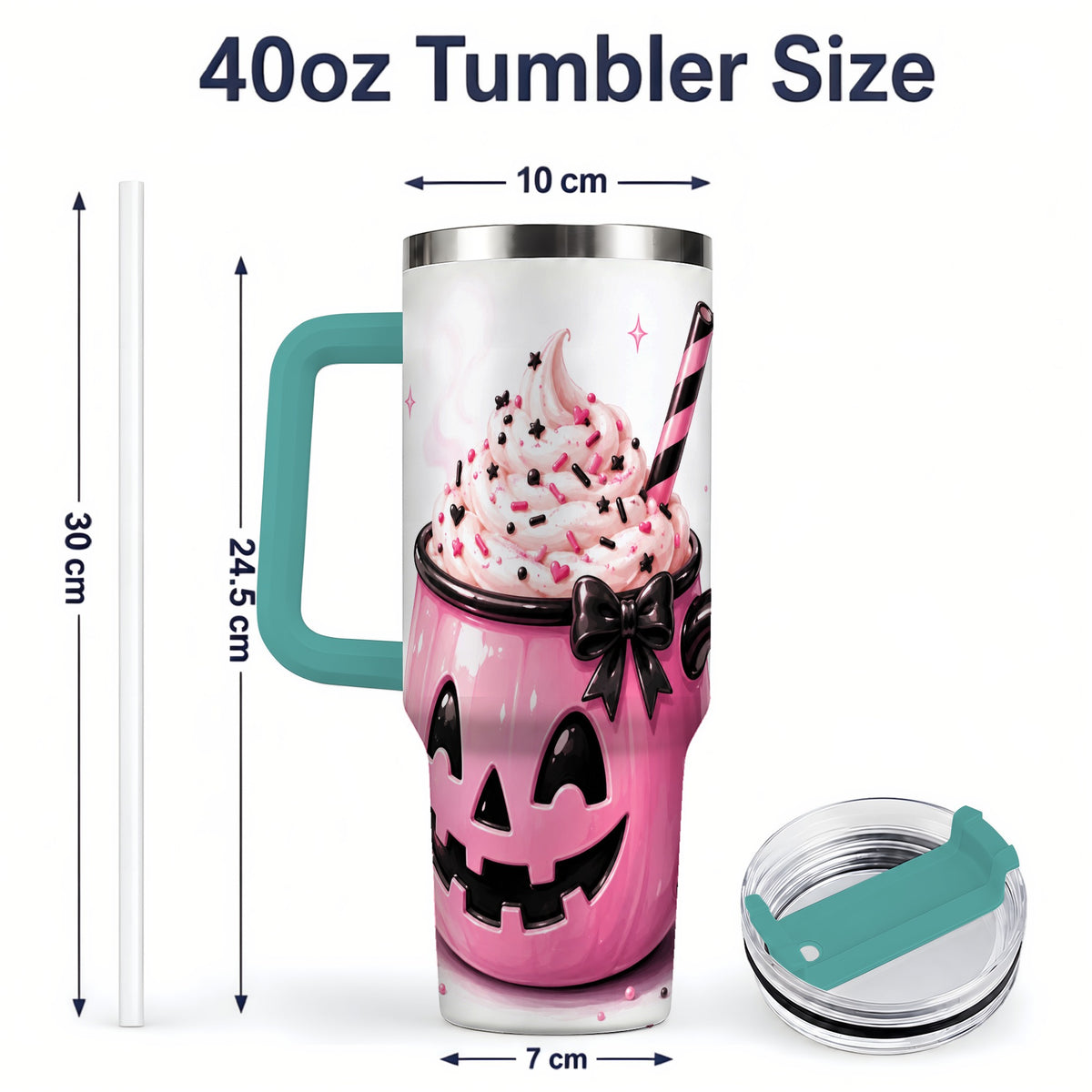 #pl[40oz|Green] Pink Pumpkin Halloween 40oz Tumbler, Stainless Steel Drinkware with Bow