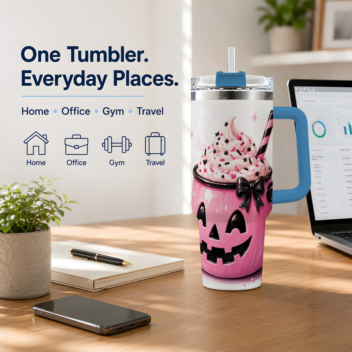 #pl[40oz|Blue] Pink Pumpkin Halloween 40oz Tumbler, Stainless Steel Drinkware with Bow