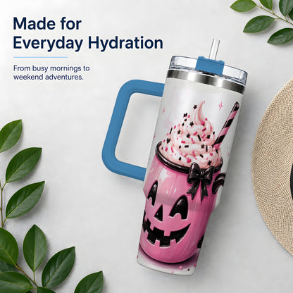 #pl[40oz|Blue] Pink Pumpkin Halloween 40oz Tumbler, Stainless Steel Drinkware with Bow