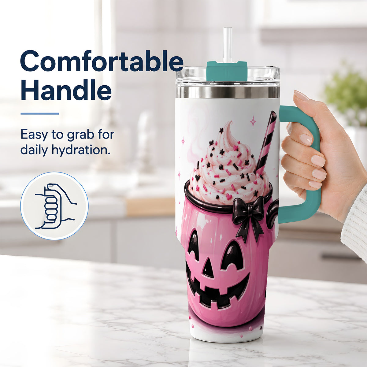 #pl[40oz|Green] Pink Pumpkin Halloween 40oz Tumbler, Stainless Steel Drinkware with Bow