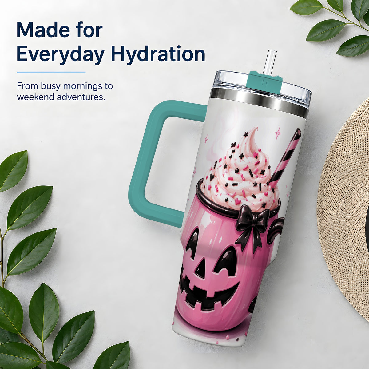 #pl[40oz|Green] Pink Pumpkin Halloween 40oz Tumbler, Stainless Steel Drinkware with Bow