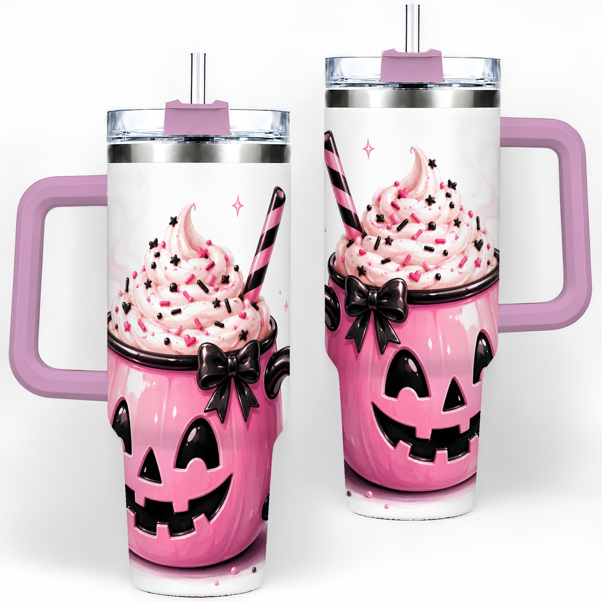#pl[40oz|Pink] Pink Pumpkin Halloween 40oz Tumbler, Stainless Steel Drinkware with Bow