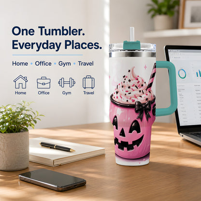 #pl[40oz|Green] Pink Pumpkin Halloween 40oz Tumbler, Stainless Steel Drinkware with Bow