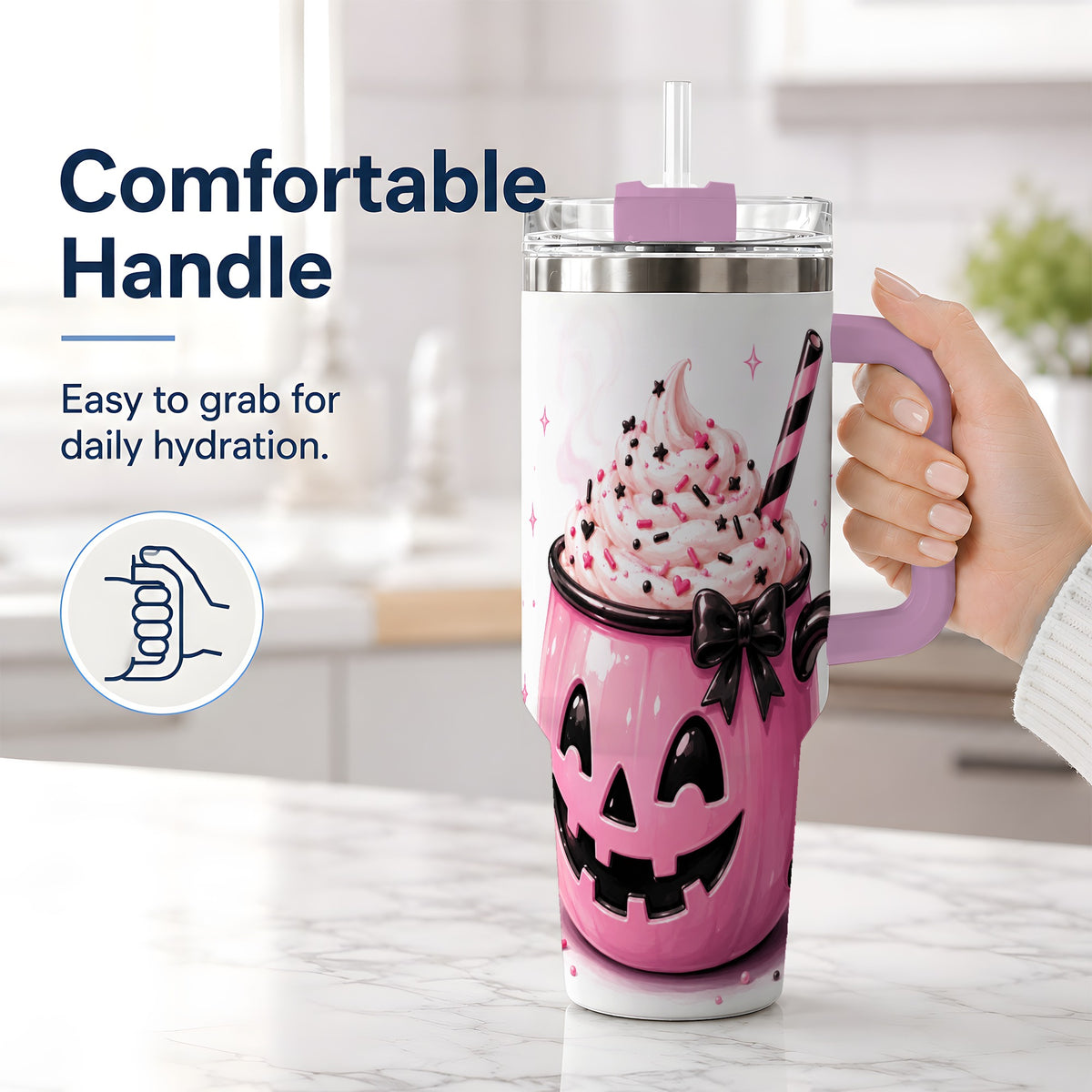 #pl[40oz|Pink] Pink Pumpkin Halloween 40oz Tumbler, Stainless Steel Drinkware with Bow