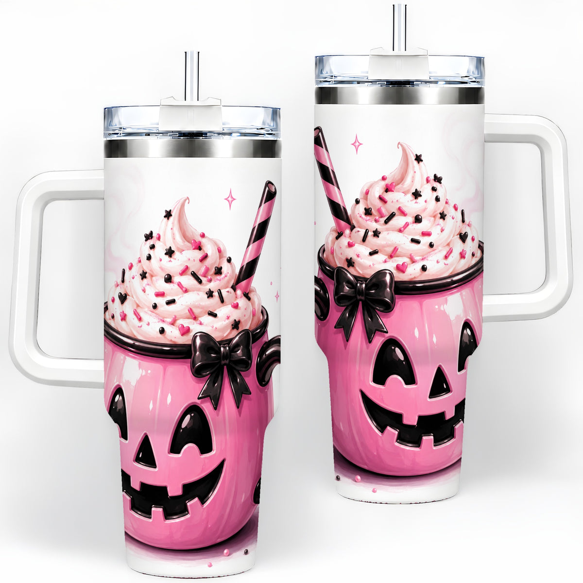 Pink Pumpkin Halloween 40oz Tumbler, Stainless Steel Drinkware with Bow