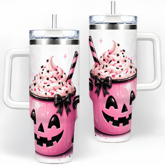 Pink Pumpkin Halloween 40oz Tumbler, Stainless Steel Drinkware with Bow