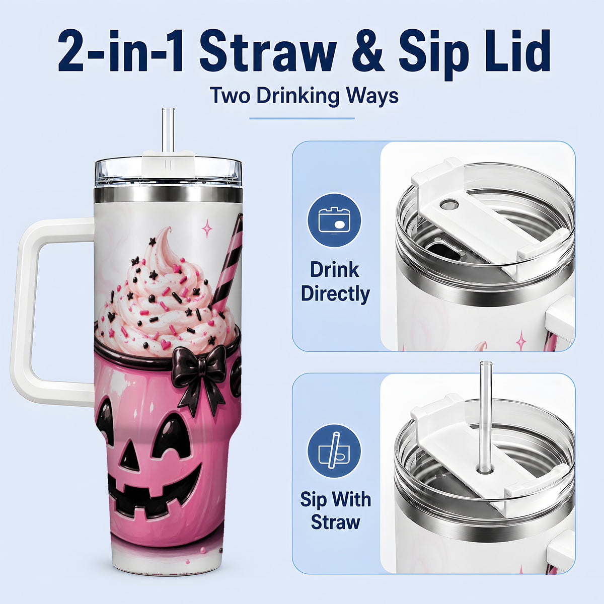 #pl[40oz|White] Pink Pumpkin Halloween 40oz Tumbler, Stainless Steel Drinkware with Bow