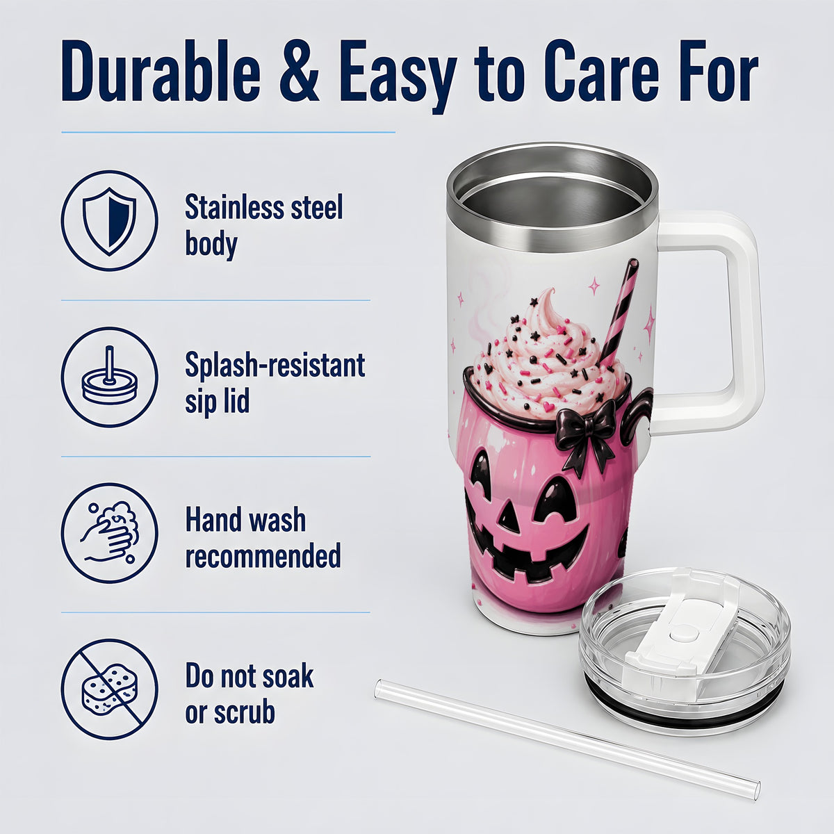 #pl[40oz|White] Pink Pumpkin Halloween 40oz Tumbler, Stainless Steel Drinkware with Bow