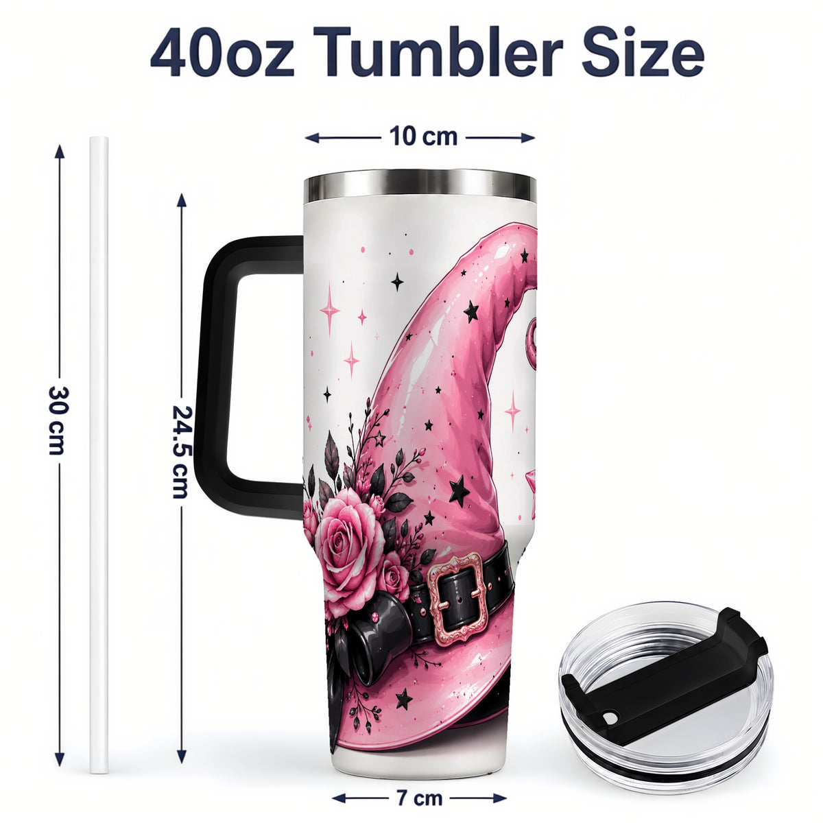 #pl[40oz|Black] Pink Witch Hat Halloween 40oz Tumbler, Stainless Steel Drinkware with Roses