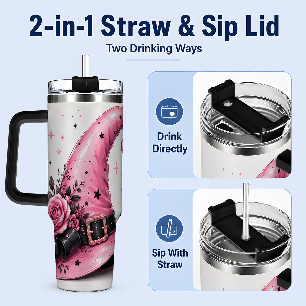 #pl[40oz|Black] Pink Witch Hat Halloween 40oz Tumbler, Stainless Steel Drinkware with Roses