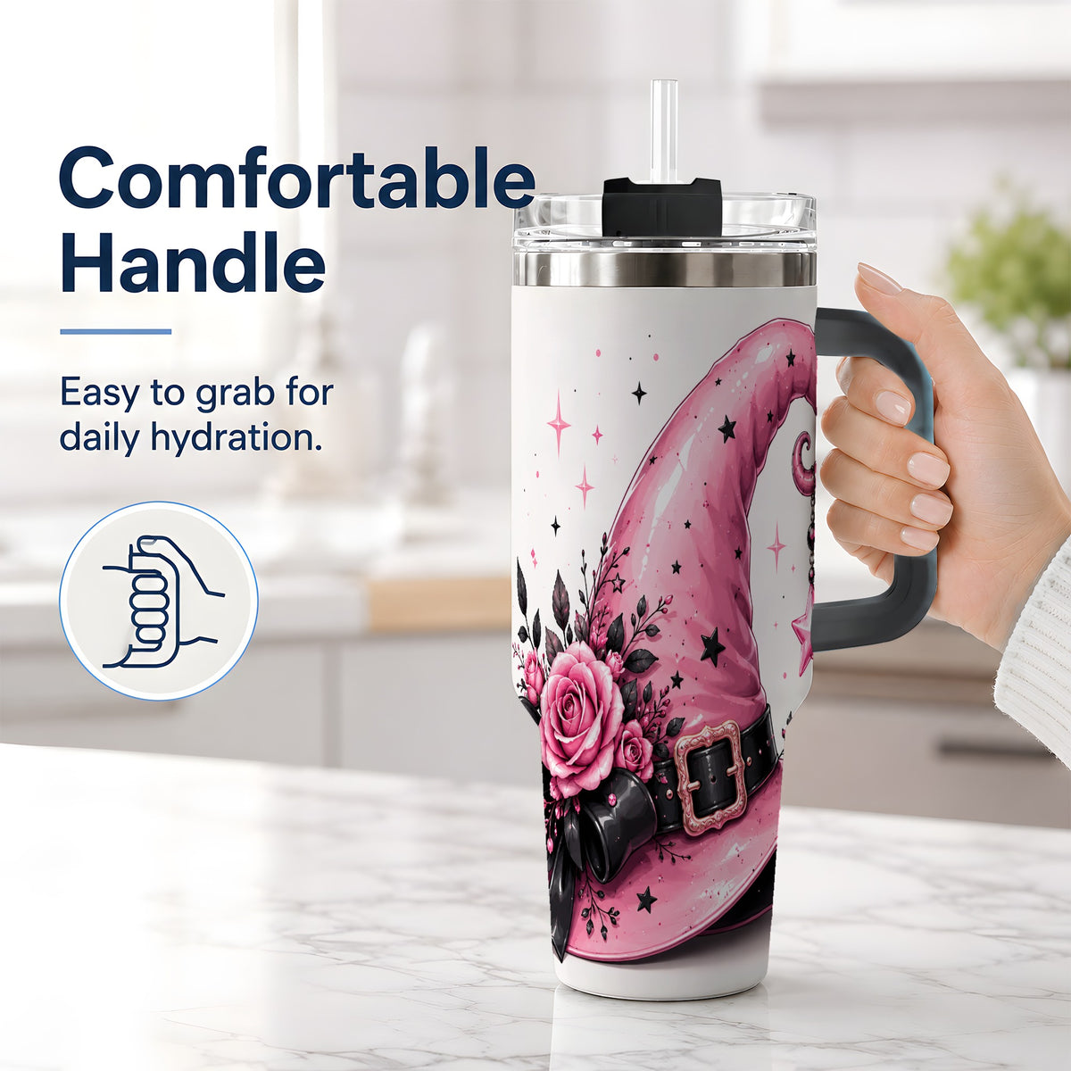 #pl[40oz|Black] Pink Witch Hat Halloween 40oz Tumbler, Stainless Steel Drinkware with Roses