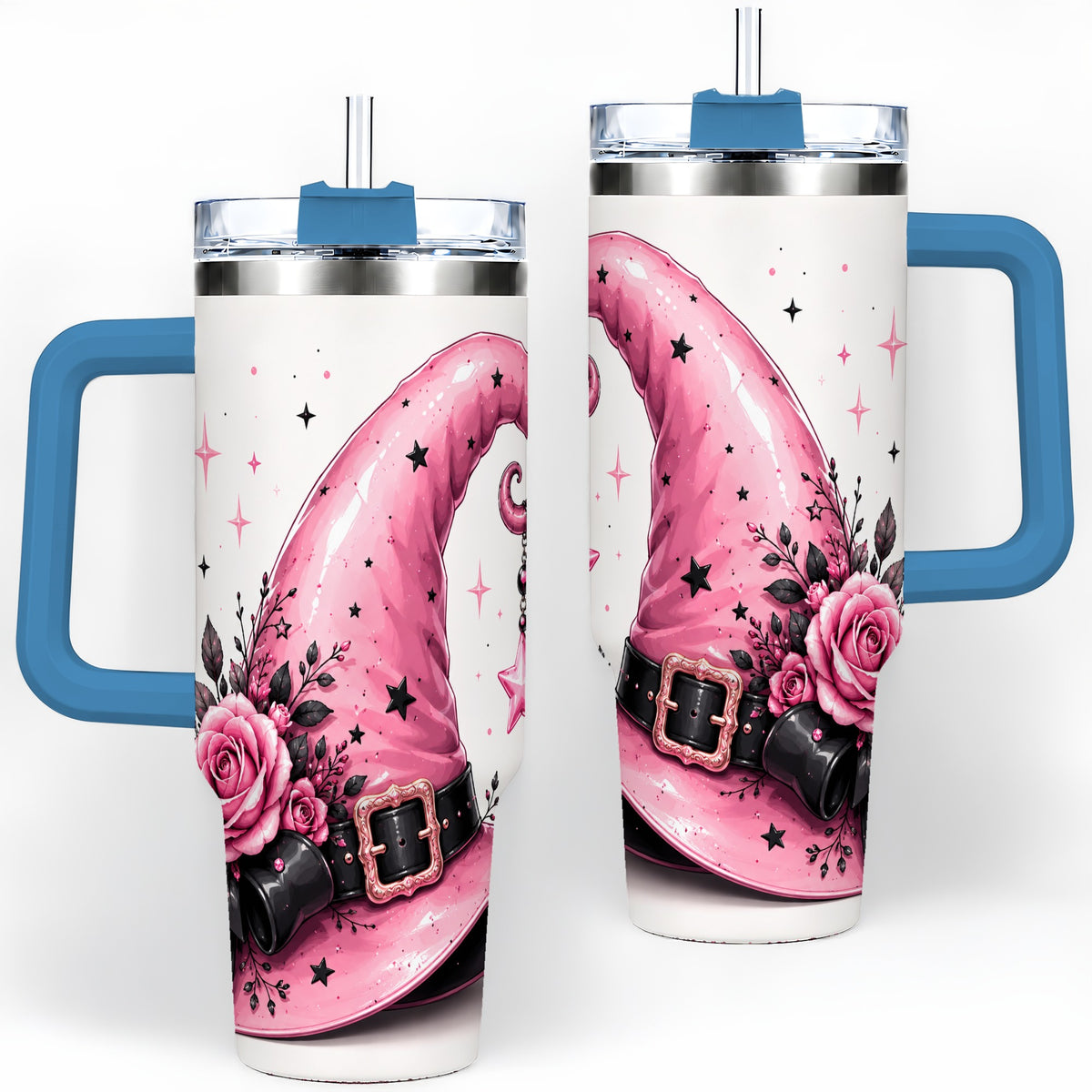 #pl[40oz|Blue] Pink Witch Hat Halloween 40oz Tumbler, Stainless Steel Drinkware with Roses