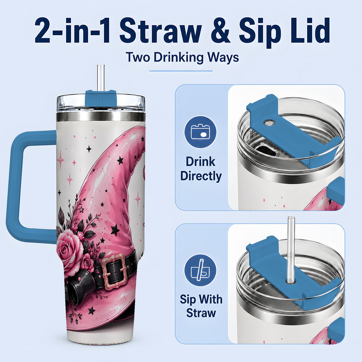 #pl[40oz|Blue] Pink Witch Hat Halloween 40oz Tumbler, Stainless Steel Drinkware with Roses