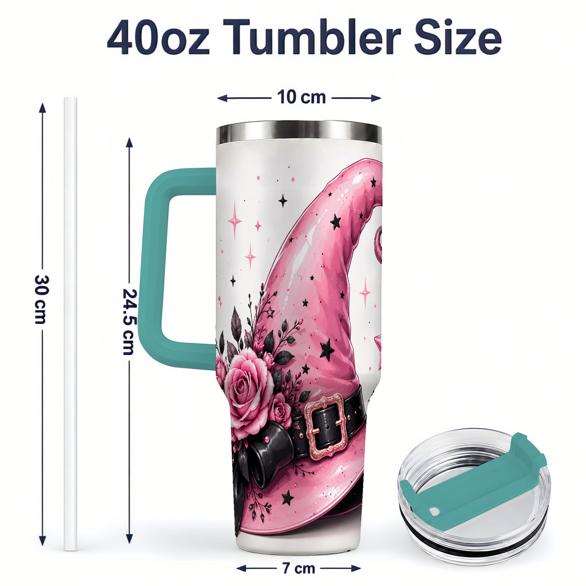 #pl[40oz|Green] Pink Witch Hat Halloween 40oz Tumbler, Stainless Steel Drinkware with Roses