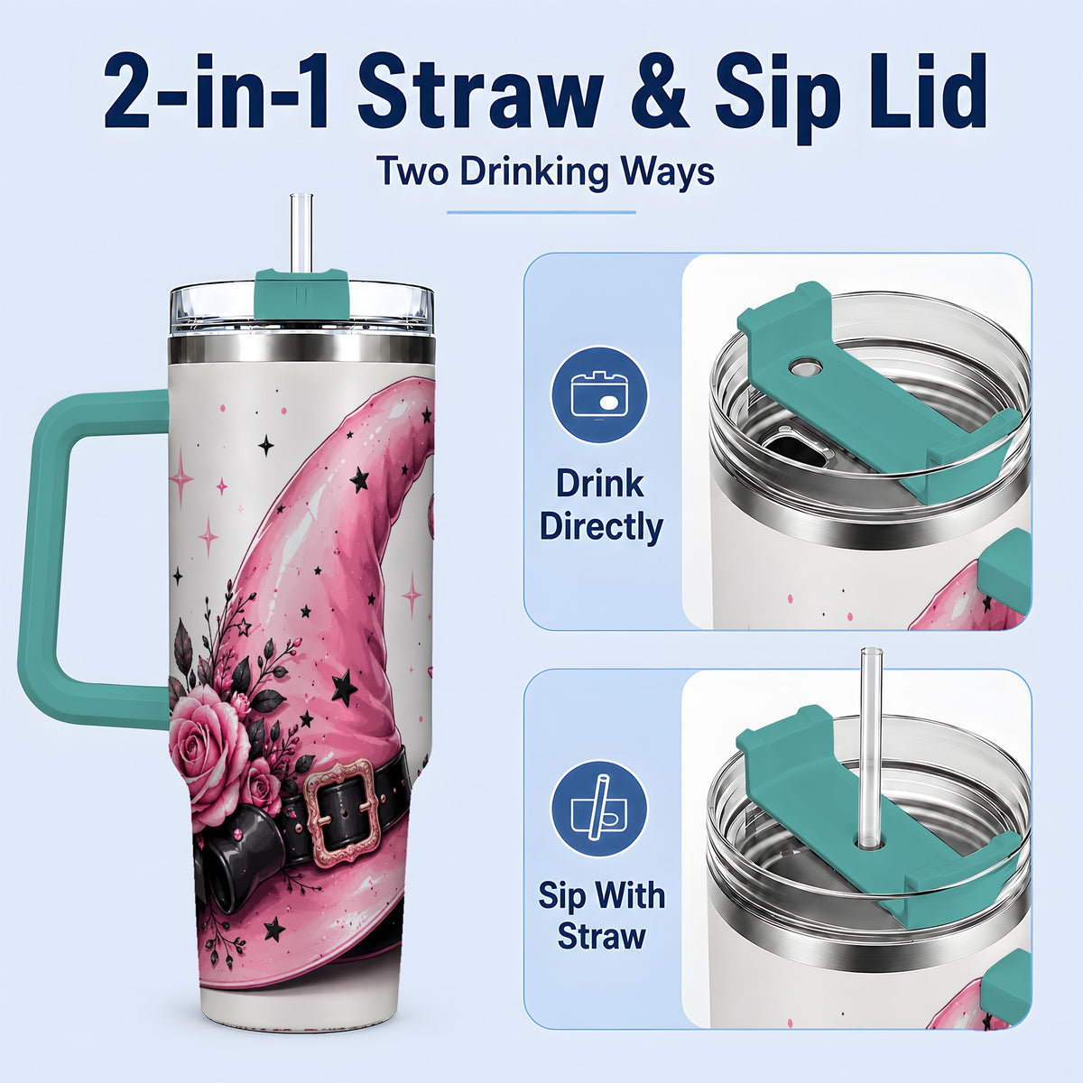 #pl[40oz|Green] Pink Witch Hat Halloween 40oz Tumbler, Stainless Steel Drinkware with Roses
