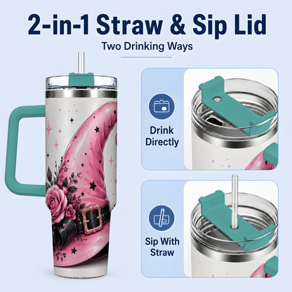 #pl[40oz|Green] Pink Witch Hat Halloween 40oz Tumbler, Stainless Steel Drinkware with Roses