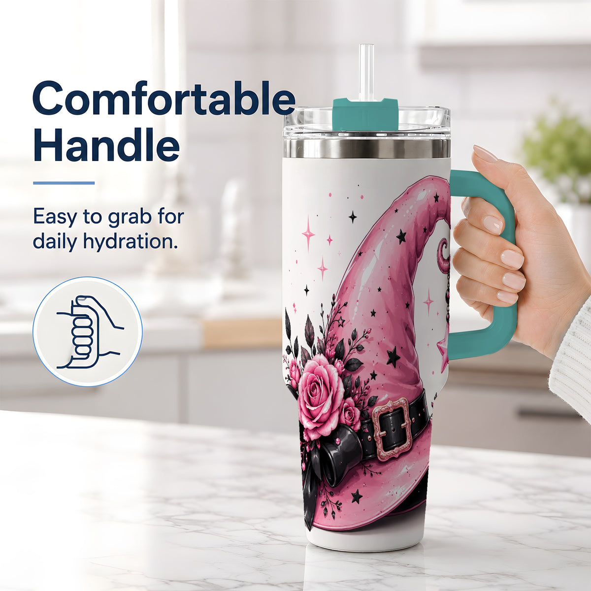 #pl[40oz|Green] Pink Witch Hat Halloween 40oz Tumbler, Stainless Steel Drinkware with Roses