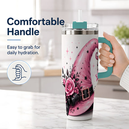 #pl[40oz|Green] Pink Witch Hat Halloween 40oz Tumbler, Stainless Steel Drinkware with Roses