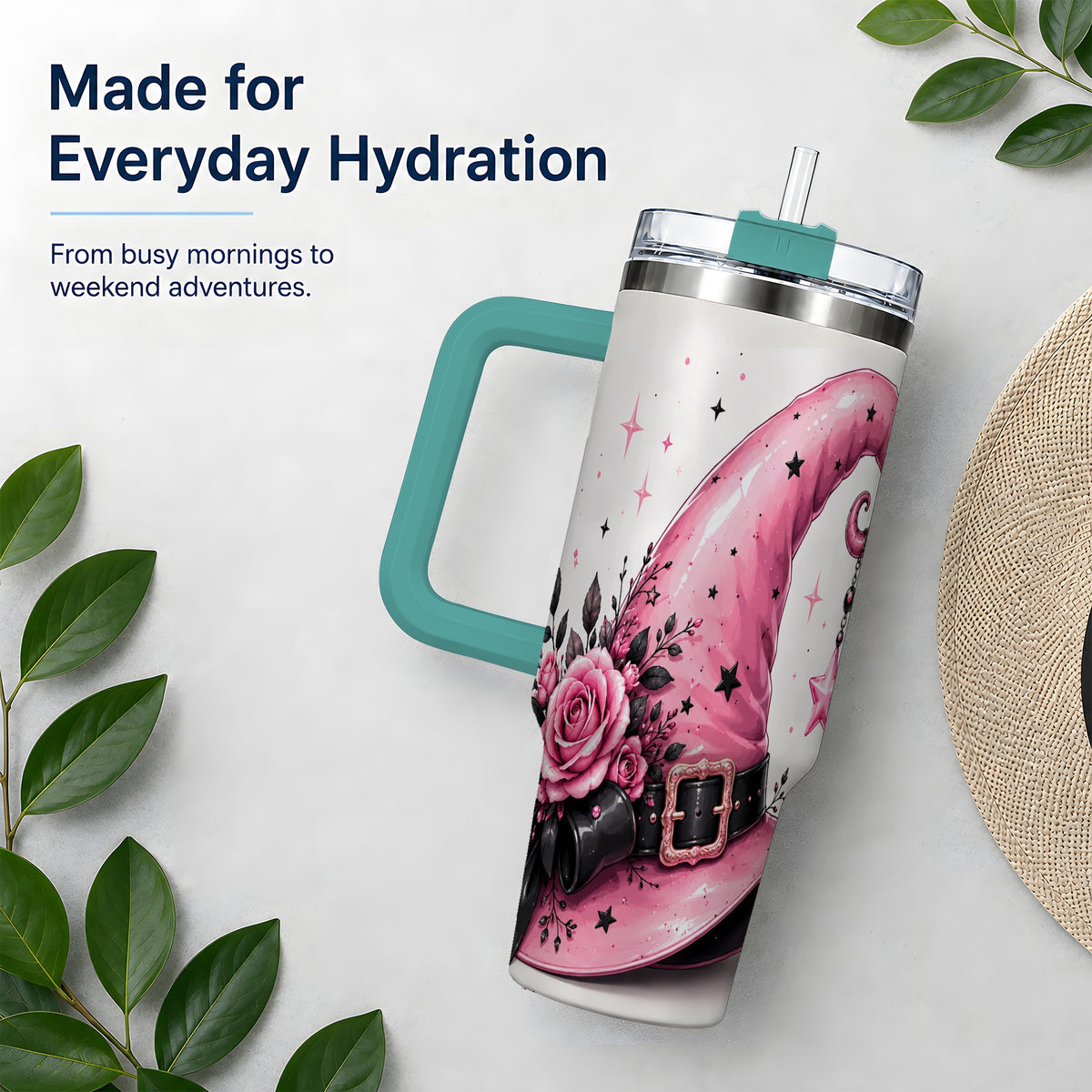 #pl[40oz|Green] Pink Witch Hat Halloween 40oz Tumbler, Stainless Steel Drinkware with Roses