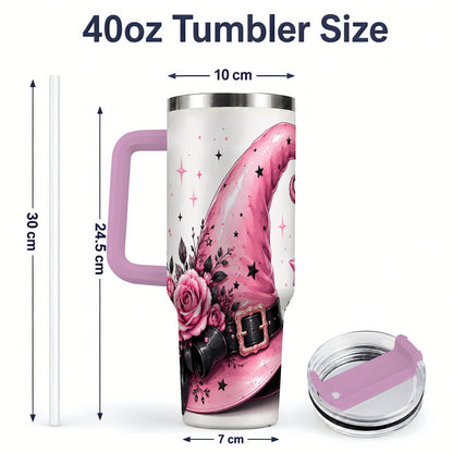 #pl[40oz|Pink] Pink Witch Hat Halloween 40oz Tumbler, Stainless Steel Drinkware with Roses