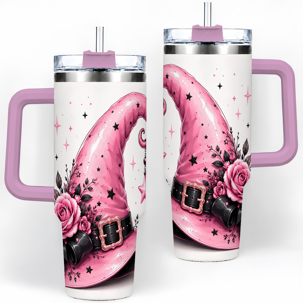 #pl[40oz|Pink] Pink Witch Hat Halloween 40oz Tumbler, Stainless Steel Drinkware with Roses