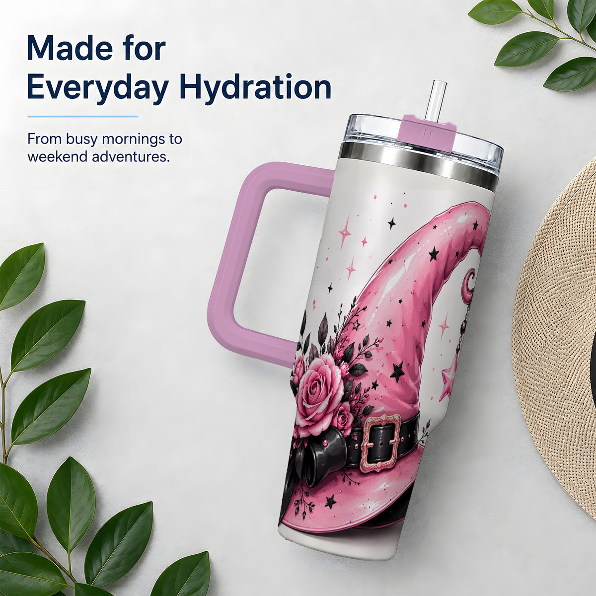 #pl[40oz|Pink] Pink Witch Hat Halloween 40oz Tumbler, Stainless Steel Drinkware with Roses