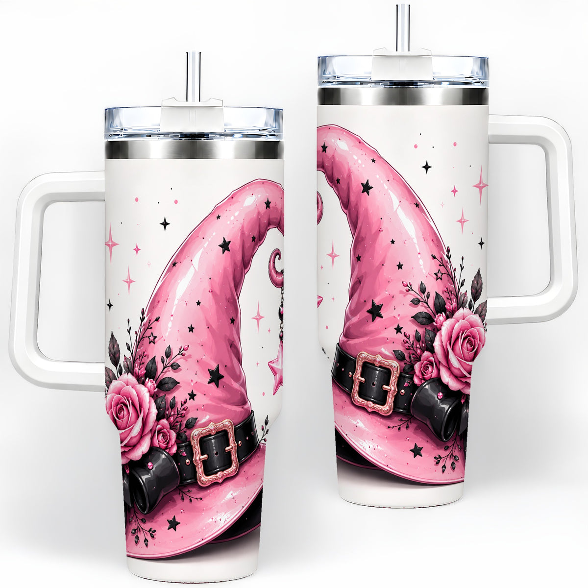 Pink Witch Hat Halloween 40oz Tumbler, Stainless Steel Drinkware with Roses