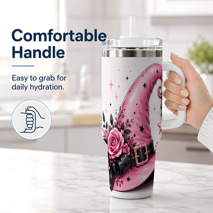 #pl[40oz|White] Pink Witch Hat Halloween 40oz Tumbler, Stainless Steel Drinkware with Roses