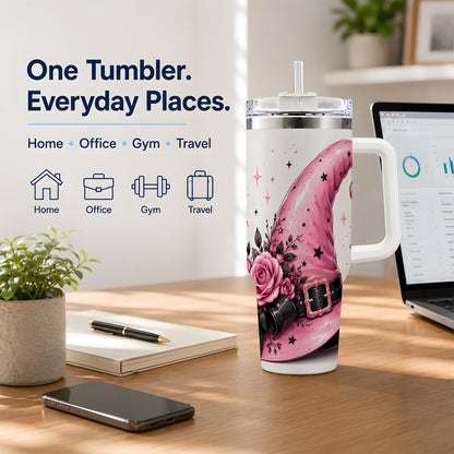 #pl[40oz|White] Pink Witch Hat Halloween 40oz Tumbler, Stainless Steel Drinkware with Roses