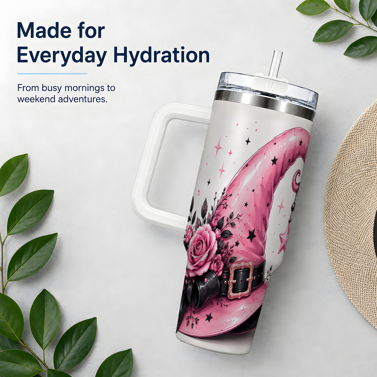 #pl[40oz|White] Pink Witch Hat Halloween 40oz Tumbler, Stainless Steel Drinkware with Roses