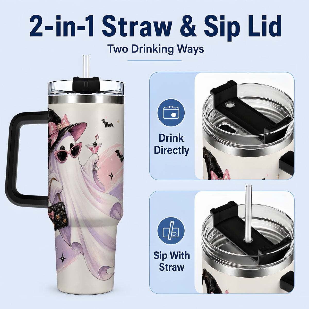 #pl[40oz|Black] Fashion Witch Ghost Halloween 40oz Tumbler, Pink Spooky Drinkware