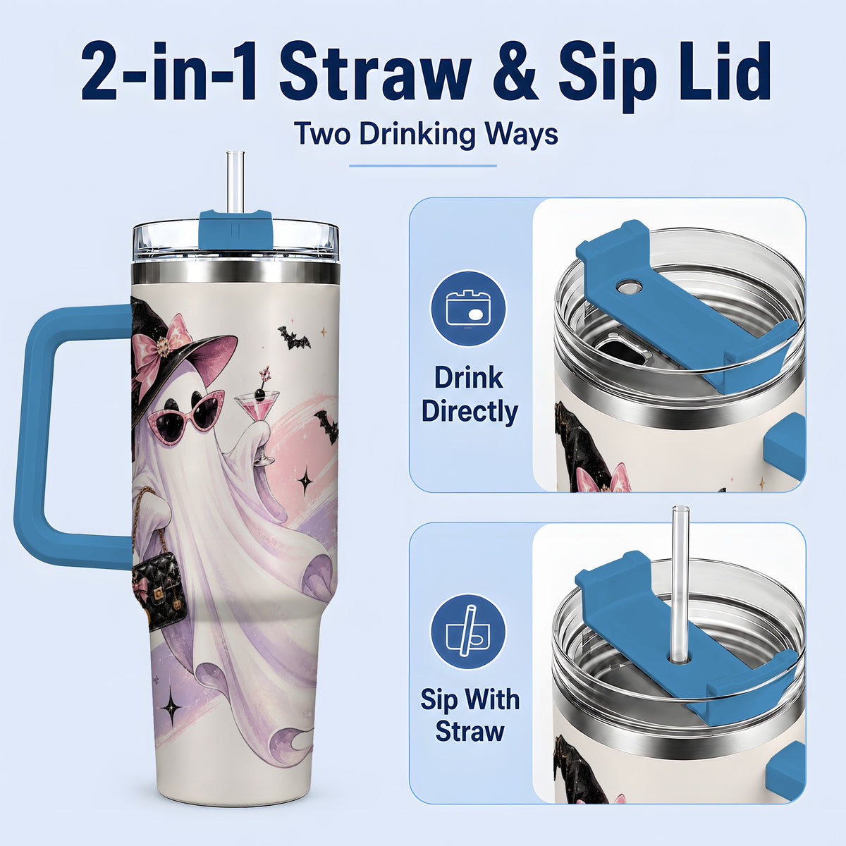 #pl[40oz|Blue] Fashion Witch Ghost Halloween 40oz Tumbler, Pink Spooky Drinkware