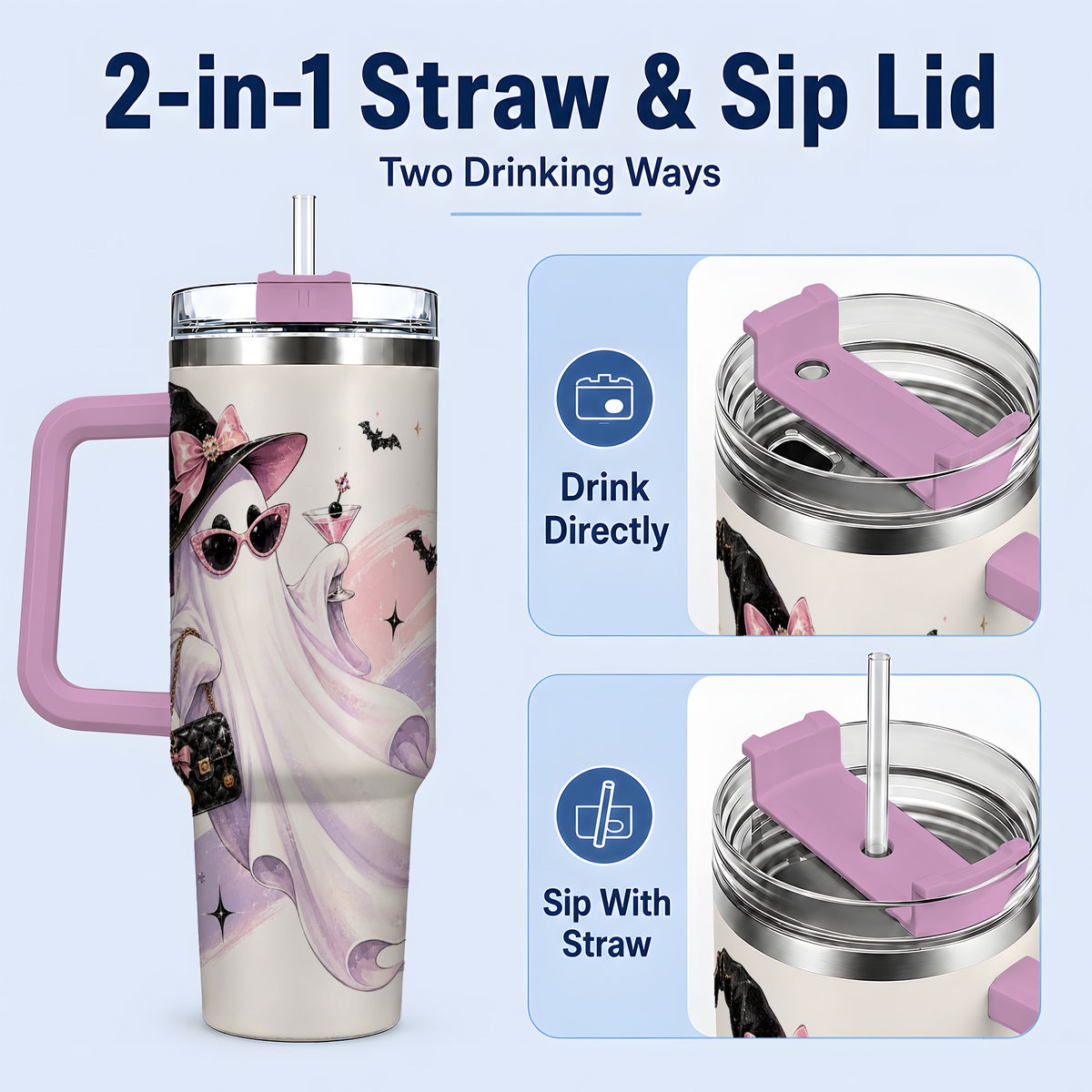 #pl[40oz|Pink] Fashion Witch Ghost Halloween 40oz Tumbler, Pink Spooky Drinkware