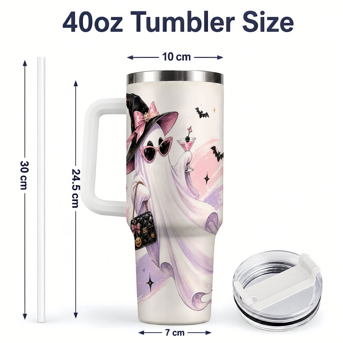 #pl[40oz|White] Fashion Witch Ghost Halloween 40oz Tumbler, Pink Spooky Drinkware