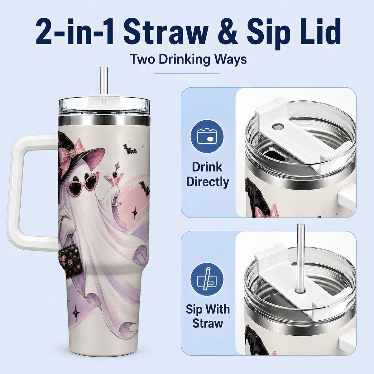 #pl[40oz|White] Fashion Witch Ghost Halloween 40oz Tumbler, Pink Spooky Drinkware