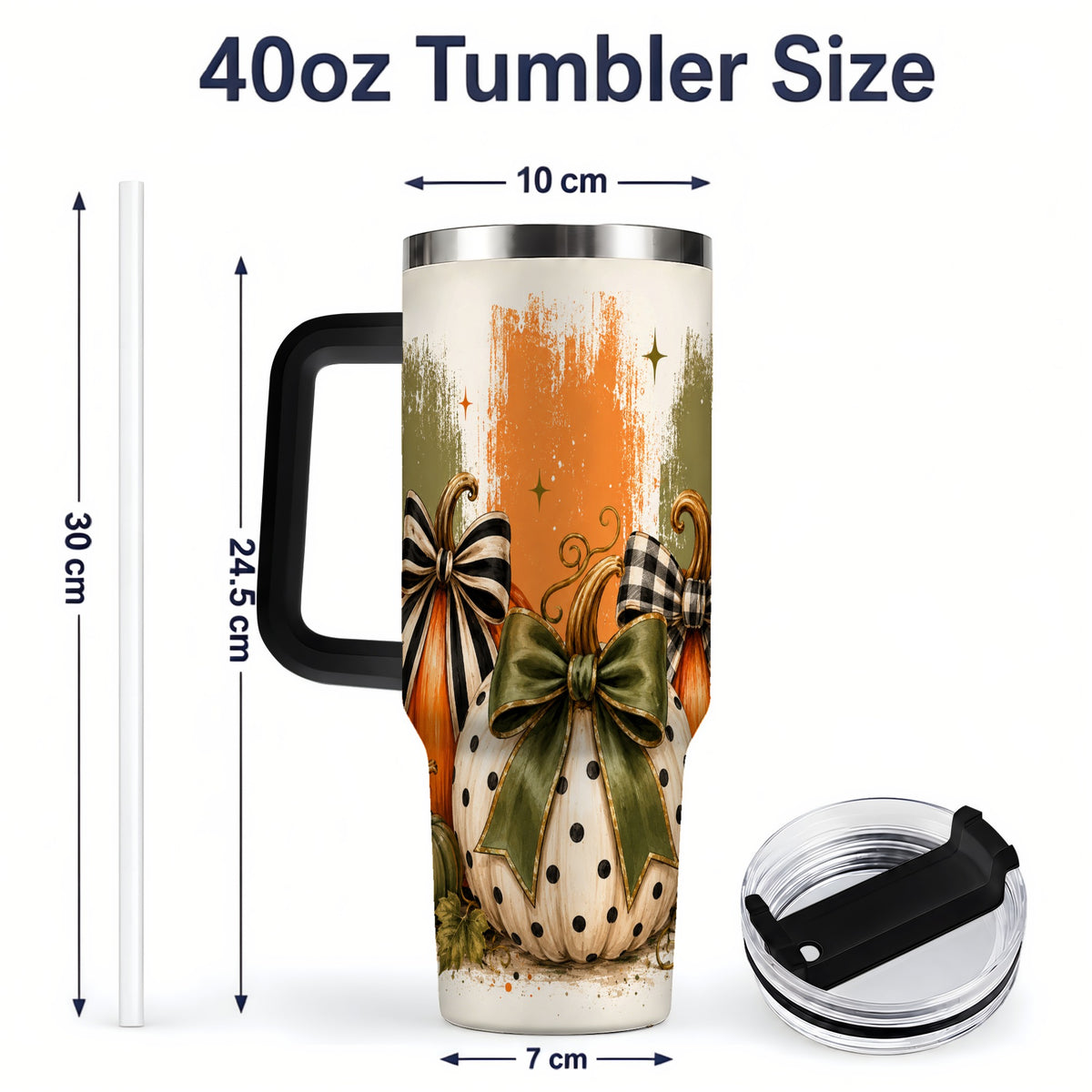 #pl[40oz|Black] Bow Pumpkin Fall 40oz Tumbler, Plaid Polka Dot Autumn Artwork