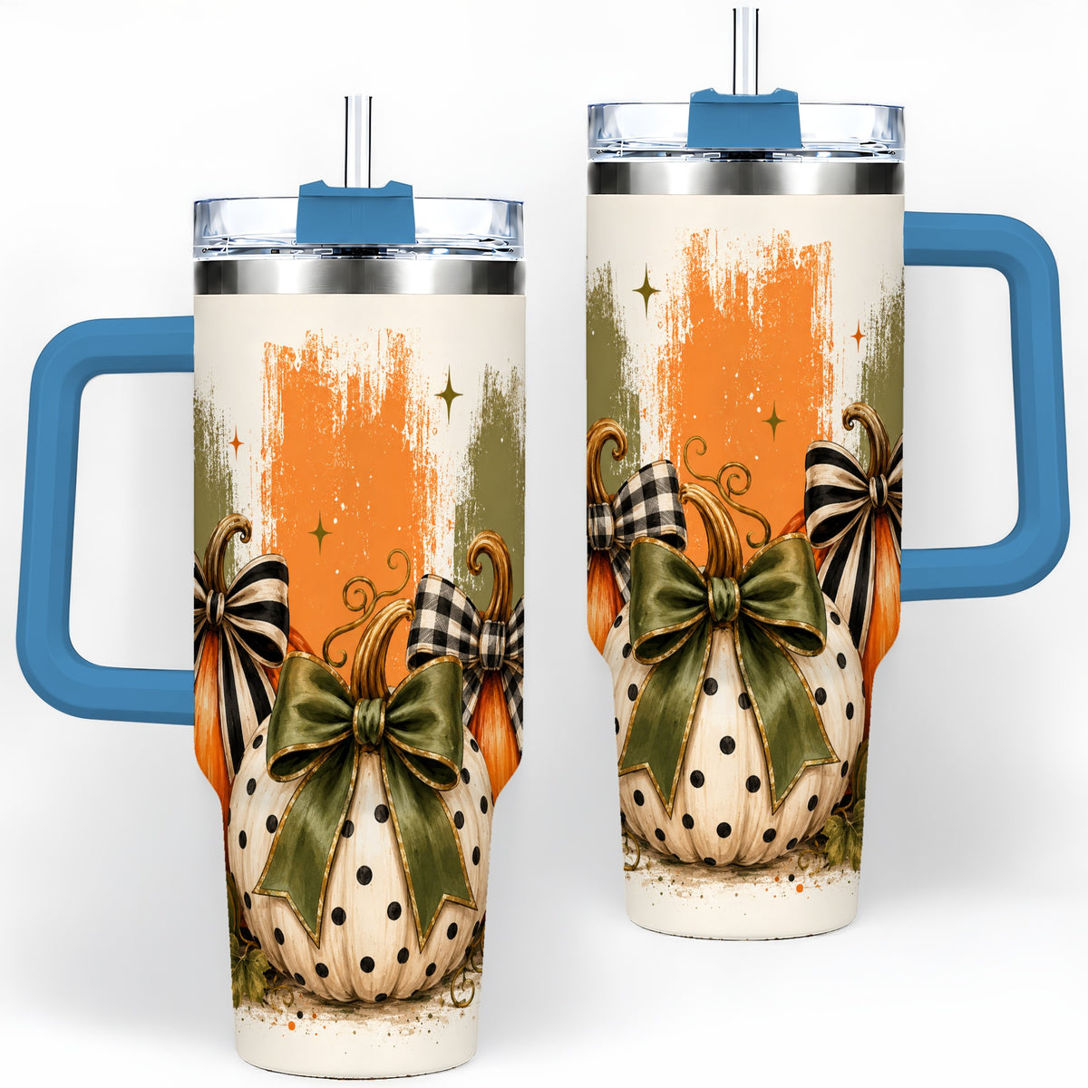 #pl[40oz|Blue] Bow Pumpkin Fall 40oz Tumbler, Plaid Polka Dot Autumn Artwork