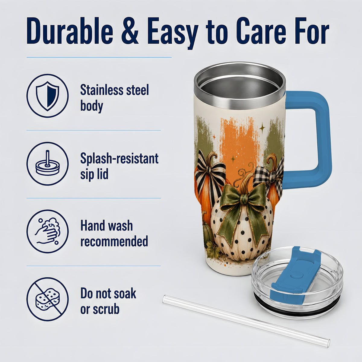 #pl[40oz|Blue] Bow Pumpkin Fall 40oz Tumbler, Plaid Polka Dot Autumn Artwork