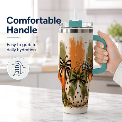 #pl[40oz|Green] Bow Pumpkin Fall 40oz Tumbler, Plaid Polka Dot Autumn Artwork