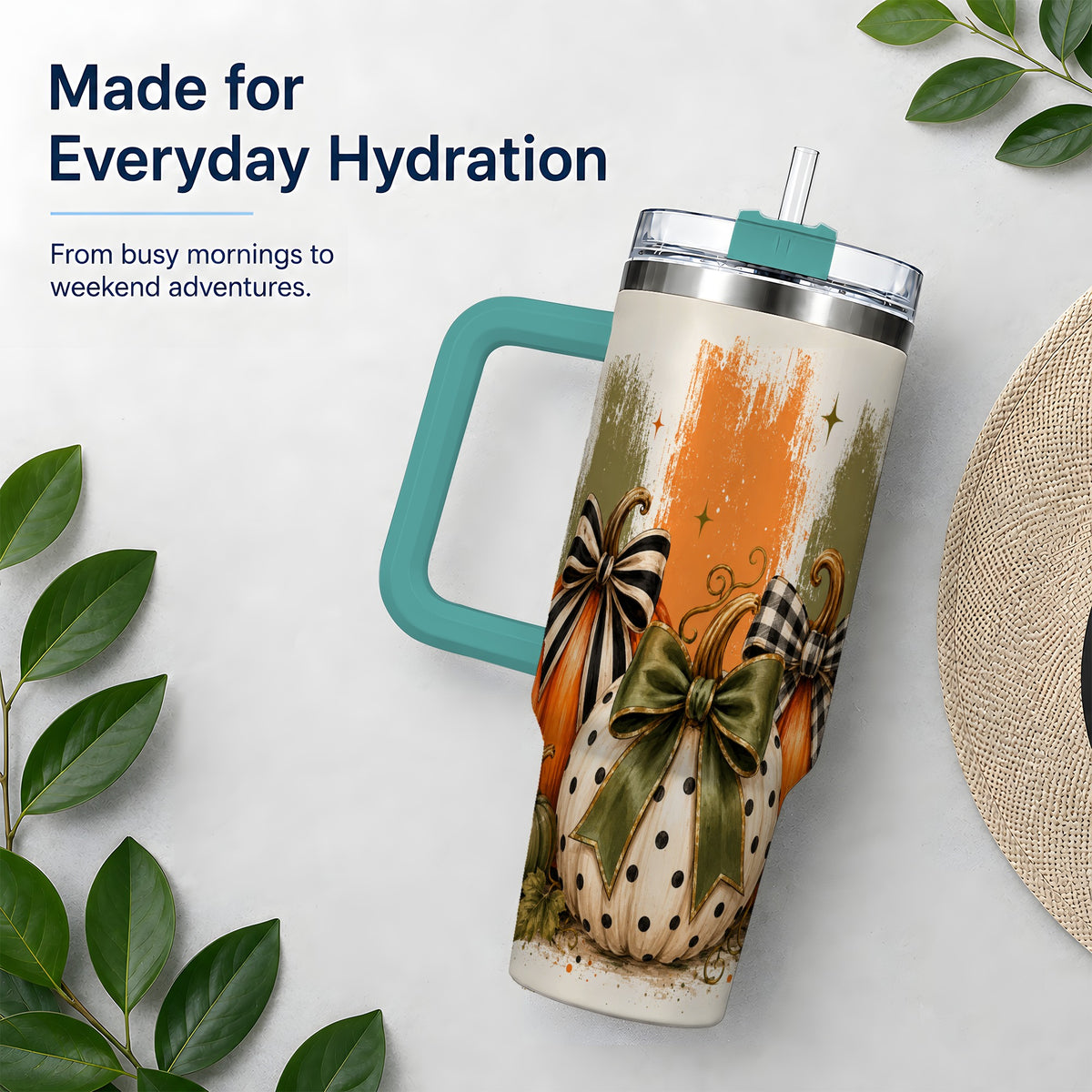 #pl[40oz|Green] Bow Pumpkin Fall 40oz Tumbler, Plaid Polka Dot Autumn Artwork