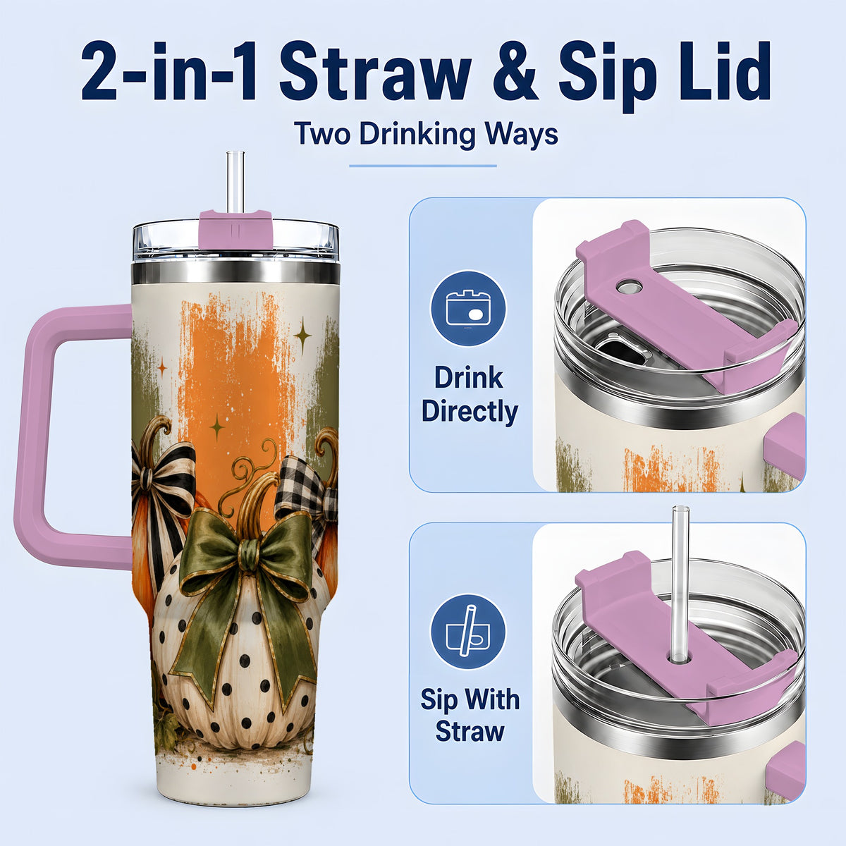 #pl[40oz|Pink] Bow Pumpkin Fall 40oz Tumbler, Plaid Polka Dot Autumn Artwork